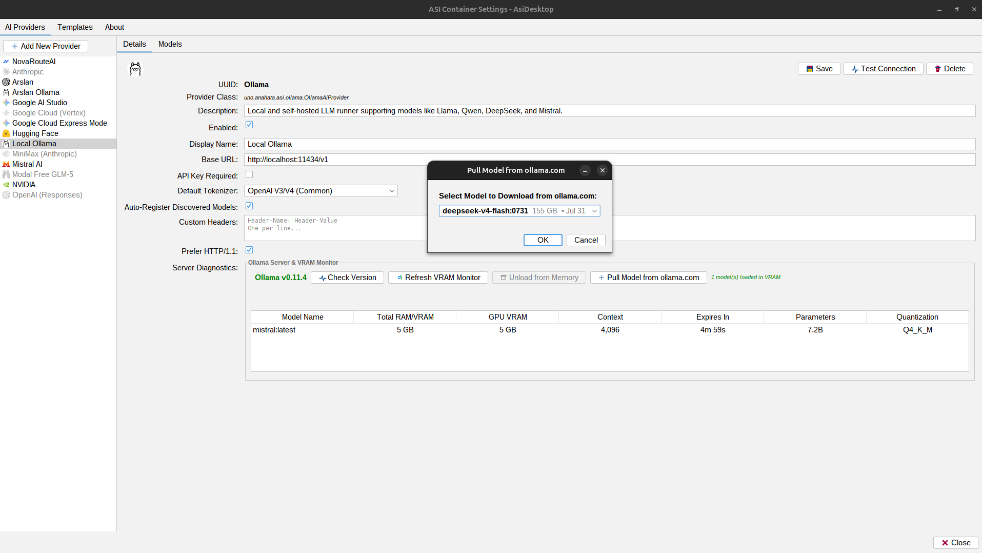 Ollama AI Provider Panel with Live VRAM Monitor and Model Pulling